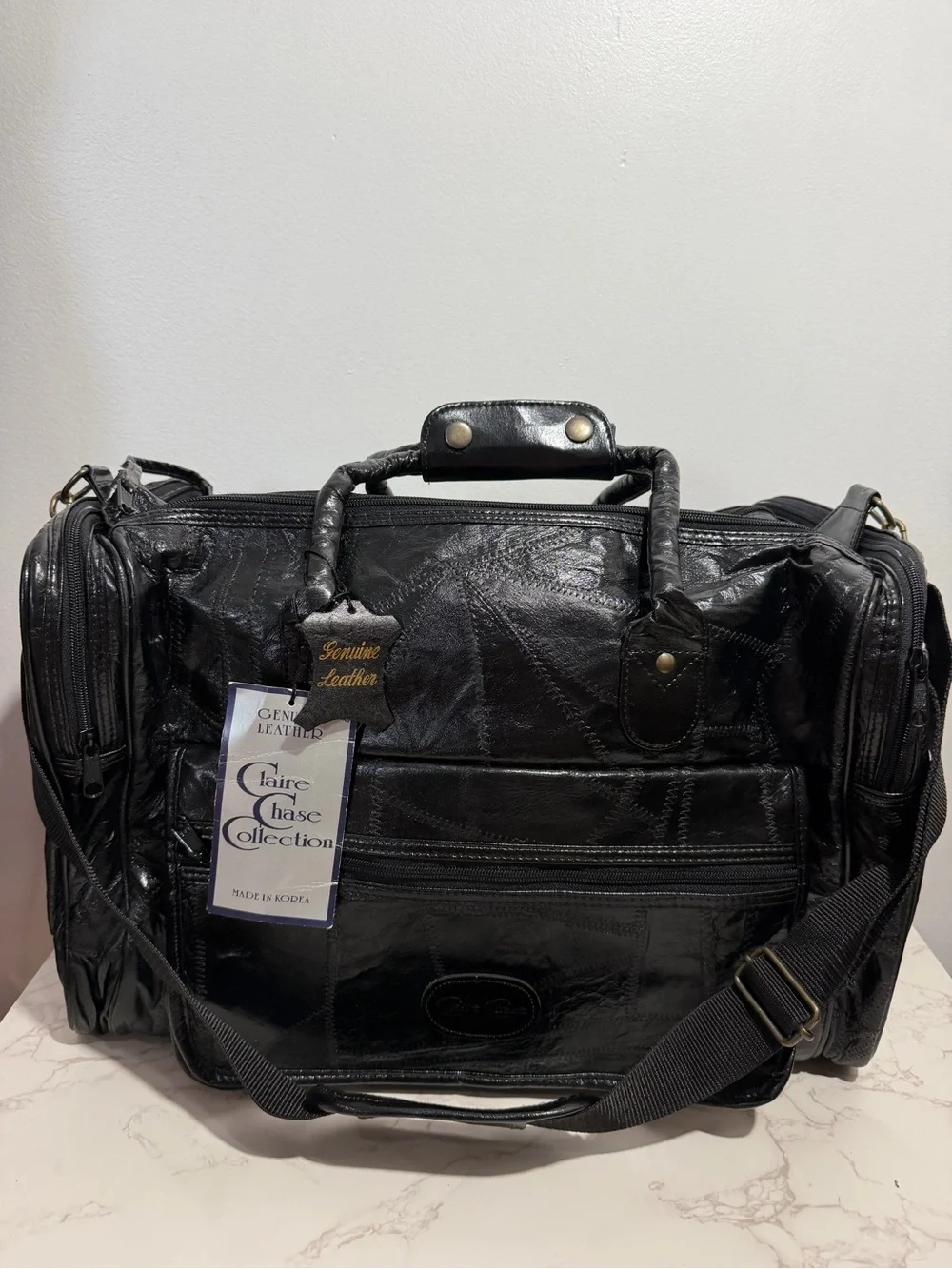 NWT Vintage Claire Chaise Collection Classic Black Leather Weekender Bag